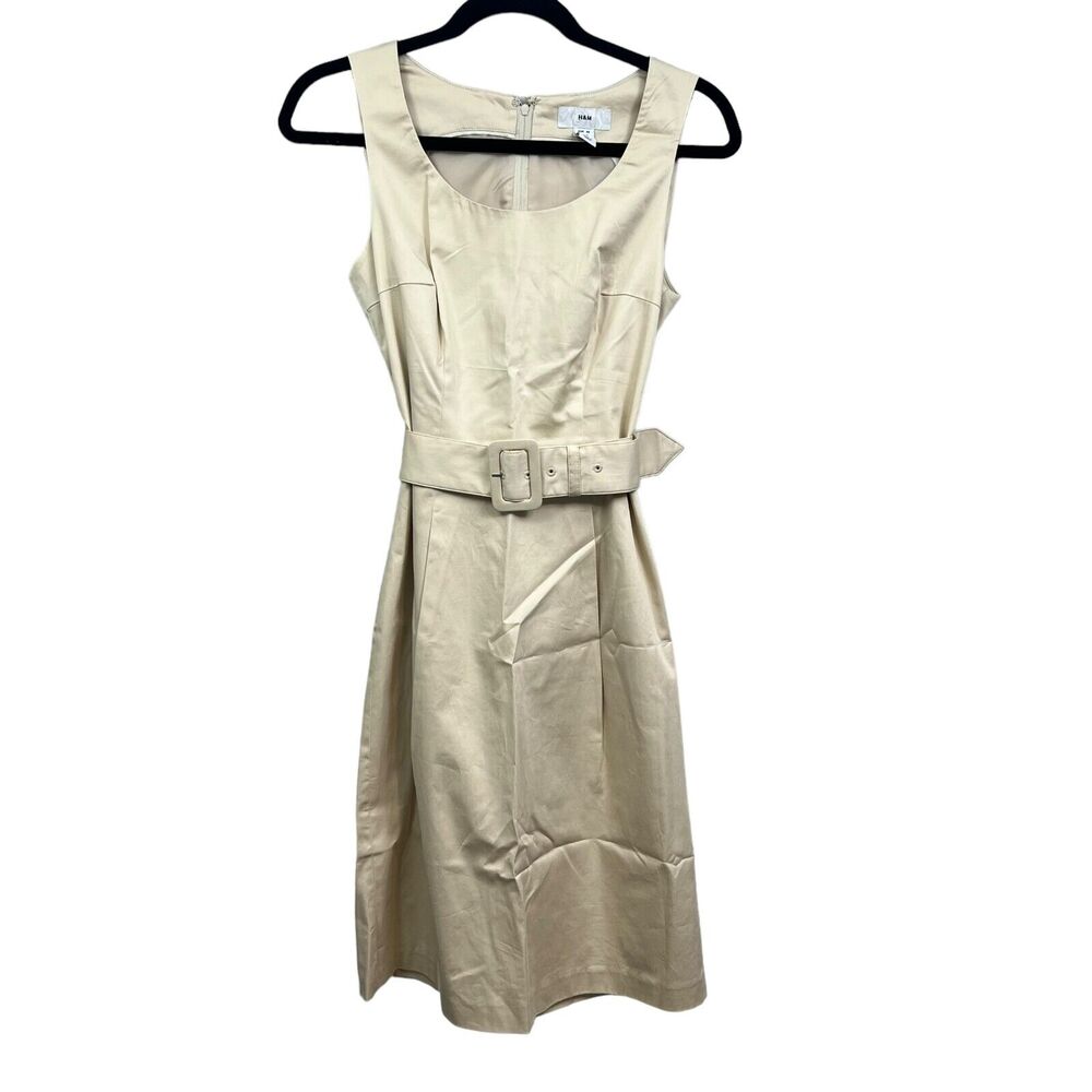 H&M Womens Sheath Dress Scoop Neck Belted Waist Sleeveless Lined Beige Size 6*